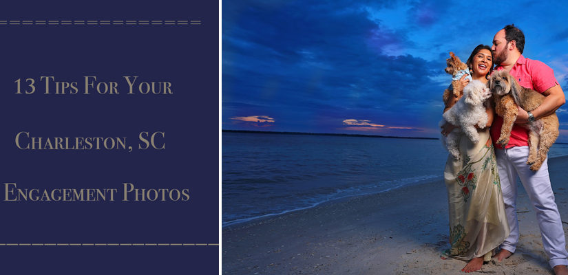 This also a cover photo with no border for Our cover photo for the blog titled 13 tips for your Charleston, SC photos with a couple and their little dogs on the beach.